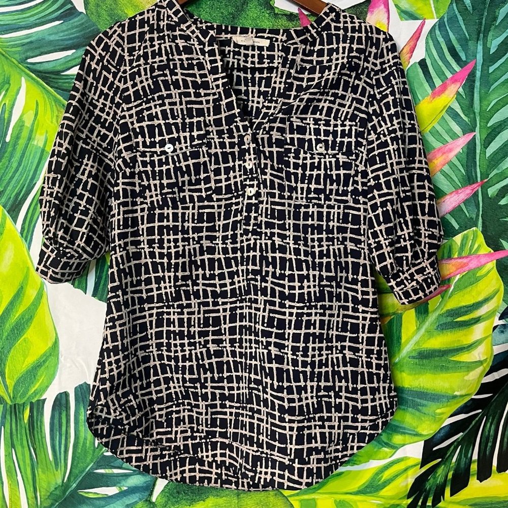 41 Hawthorn XS Black Tan Abstract Line Pattern Office Work Church Popover Top